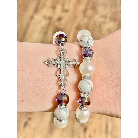 Crystal Cross Pearl Howlite Crystal Bracelet Set - Picture 2 of 12